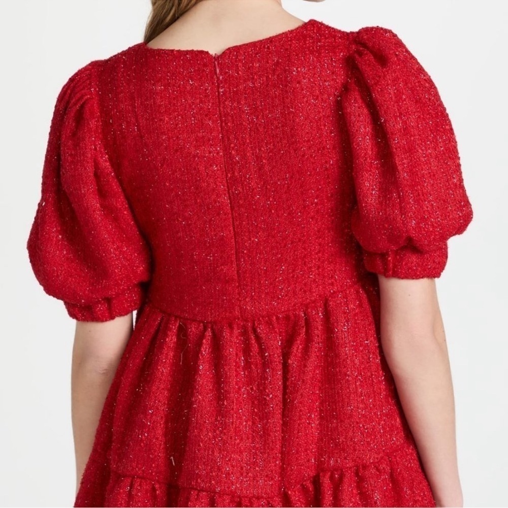 NWT Sister Jane Carina Red Tweed Mini Dress Size Medium Puff Sleeve Tiered - Picture 3 of 9